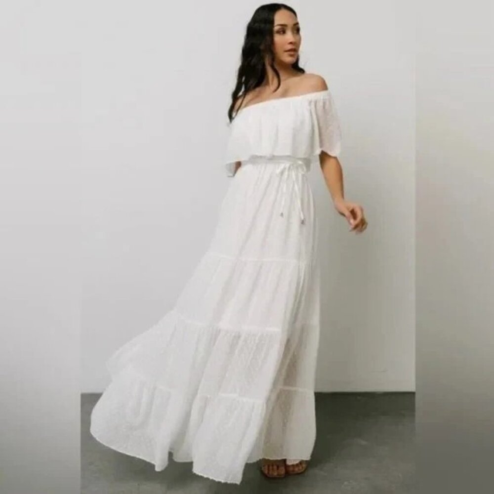 BALTIC BORN Swiss Dot Tiered Maxi Dress M White Off Shoulder Wedding Beach